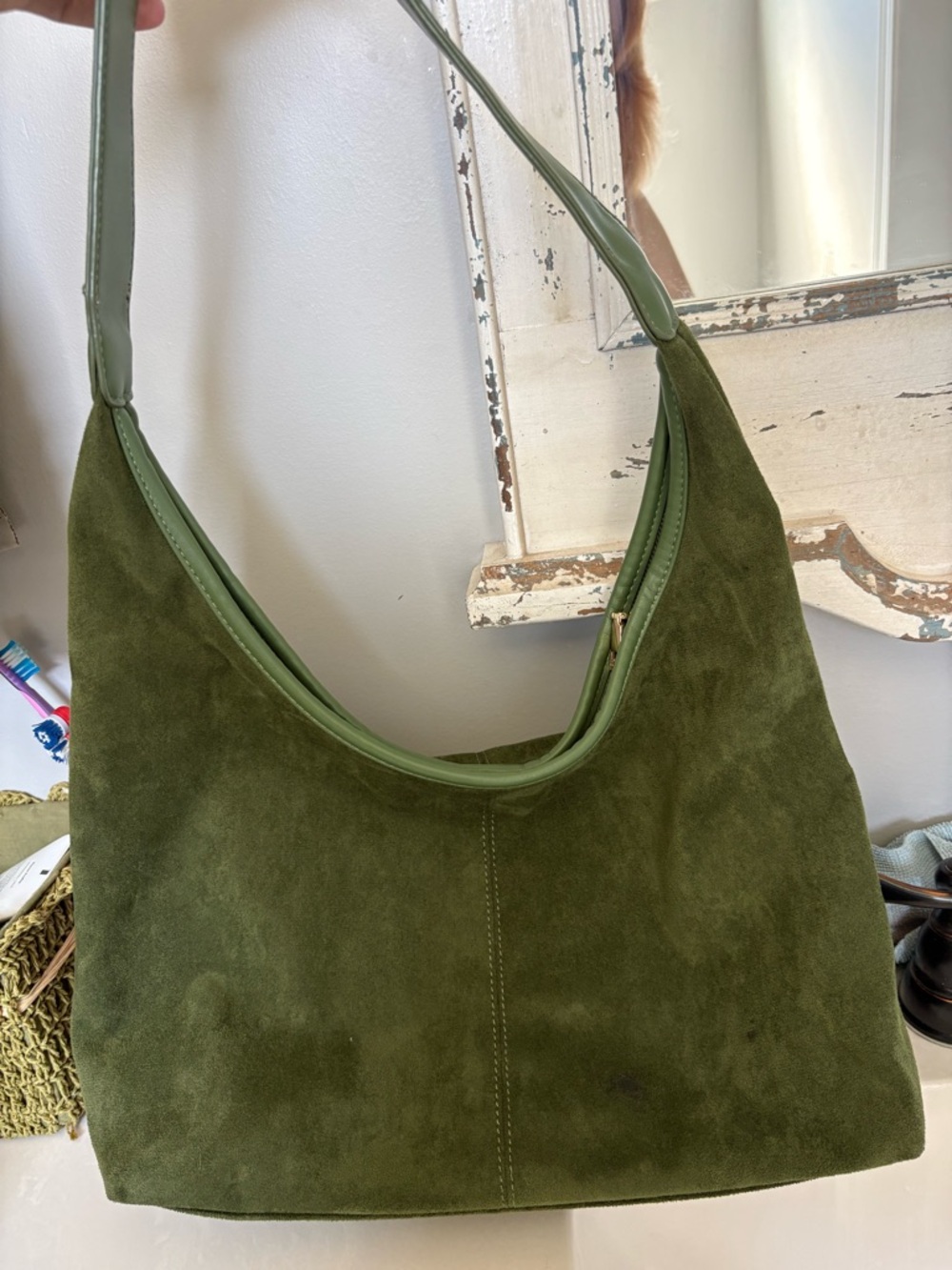 Olive Green Suede Hobo Shoulder Bag